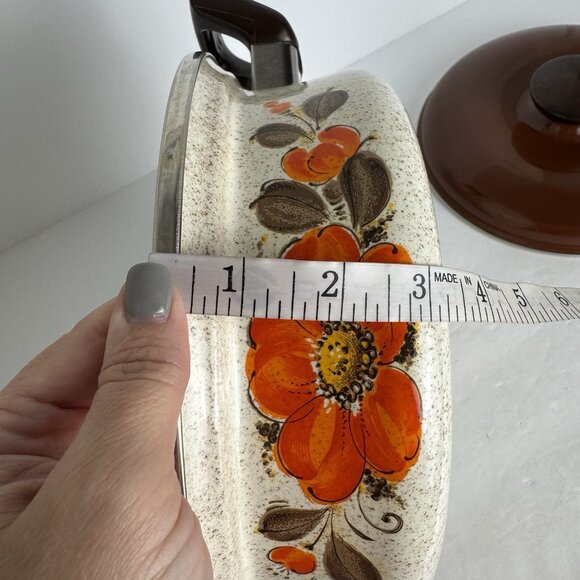 Sanko Ware Show Pans Japan Enamel Coated Orange Flower Covered Lid 9in Saucepan - Picture 11 of 16